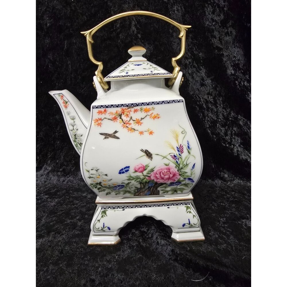 Franklin Mint Birds & Flowers Orient Teapot Square Ceramic Stand Gold Accents